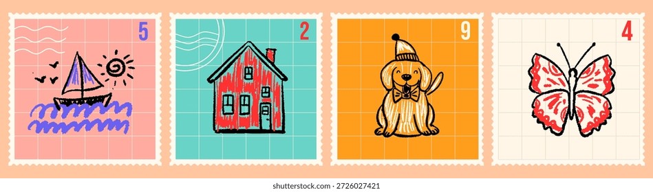 Set of colorful hand drawn postage stamps. Cute doodle illustrations of a dog, sailboat, house and butterfly in crayon style. Vector philatelic collection for kids, travel and summer designs