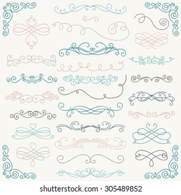 Set of Colorful Hand Drawn Rustic Doodle Design Elements. Decorative Swirls, Scrolls, Text Frames, Dividers, Corners. Vintage Vector Illustration. Pattern Brushes