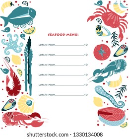 Set of colorful hand drawn seafood menu elements: crawfish, lobster, crab, shrimps, lemon, octopus, shells, oysters, salmon, fish and spicies, crustaceans. Freehand vector for restaurant menu, banner.