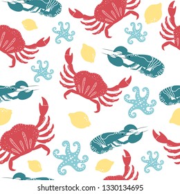 Set of colorful hand drawn seafood elements: crawfish, lobster, crab, shrimps, lemon, octopus, crustaceans. Freehand marine products perfect for shop or restaurant menu, flyer, banner and print design