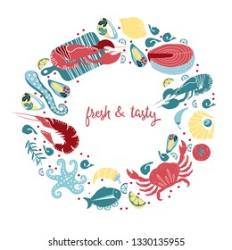 Set of colorful hand drawn seafood elements: crawfish, lobster, crab, shrimps, lemon, octopus, shells, oysters, salmon, fish and spicies, crustaceans. Freehand vector for restaurant menu or banner