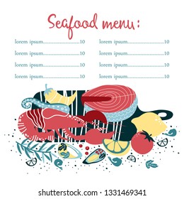 Set of colorful hand drawn seafood elements: crawfish, lobster,  shrimps, lemon, octopus, shells, oysters, salmon, fish and spicies, crustaceans. Freehand restaurant menu, flyer, banner, print design.