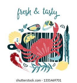 Set of colorful hand drawn seafood elements: crab, shrimps, lemon, octopus, shells, oysters, spicies, crustaceans. Freehand marine products perfect for shop or restaurant menu, flyer, banner of print.