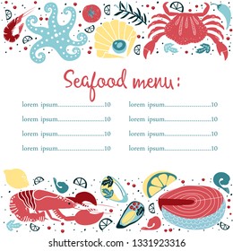 Set of colorful hand drawn seafood elements: crawfish, lobster, crab, shrimps, lemon, octopus, shells, oysters, salmon, fish and spicies, crustaceans. Freehand restaurant menu, flyer, banner design.