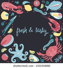 Set of colorful hand drawn seafood elements: crawfish, lobster, crab, shrimps, lemon, octopus, shells, oysters, salmon, fish and spicies, crustaceans. Freehand restaurant menu, flyer, banner design.