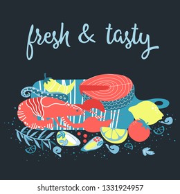 Set of colorful hand drawn seafood elements: crawfish, lobster, crab, shrimps, lemon, octopus, shells, oysters, salmon, fish and spicies, crustaceans. Freehand restaurant menu, flyer, banner design.