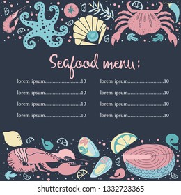 Set of colorful hand drawn seafood elements: crawfish, lobster, crab, shrimps, lemon, octopus, shells, oysters, salmon, fish and spicies, crustaceans. Freehand  restaurant menu, flyer, banner design.