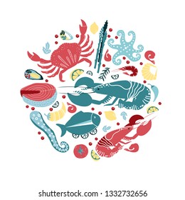 Set of colorful hand drawn seafood elements: crawfish, lobster, crab, shrimps, octopus, shells, oysters, salmon, fish and spicies, crustaceans. Freehand elements  for restaurant menu, flyer, banner 