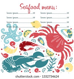 Set of colorful hand drawn seafood elements: crawfish, lobster, crab, shrimps, octopus, shells, oysters, salmon, fish and spicies, crustaceans. Freehand restaurant menu, flyer, banner and print design