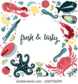 Set of colorful hand drawn seafood elements: crawfish, lobster, crab, shrimps, octopus, shells, oysters, salmon, fish and spicies, crustaceans. Freehand elements for restaurant menu, flyer, banner.