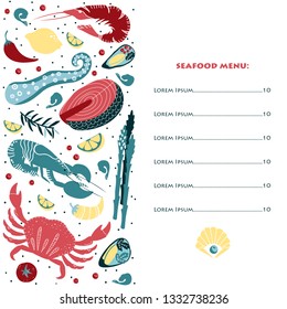 Set of colorful hand drawn seafood elements: crawfish, lobster, crab, shrimps, lemon, octopus, shells, oysters, salmon, fish and spicies, crustaceans. Freehand  restaurant menu, flyer, banner design.