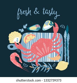 Set of colorful hand drawn seafood elements: crawfish, crab, shrimps, lemon, octopus, shells, oysters, salmon, fish and spicies, crustaceans. Freehand elements for restaurant menu, flyer, banner.