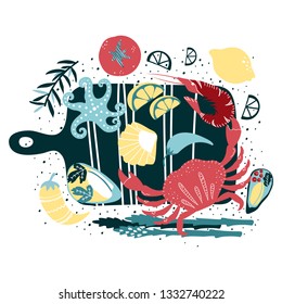 Set of colorful hand drawn seafood elements: crawfish, lobster, crab, shrimps, octopus, shells, oysters, salmon, fish and spicies, crustaceans. Freehand elements for restaurant menu, flyer, banner.