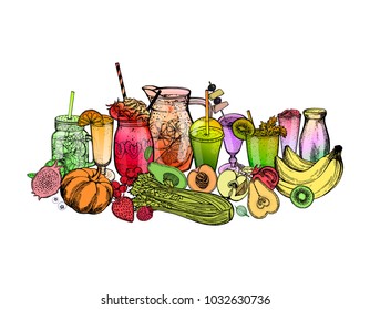 Set of colorful hand drawn sketch style smoothie with fruits and vegetables. Vector illustration. Isolated objects.