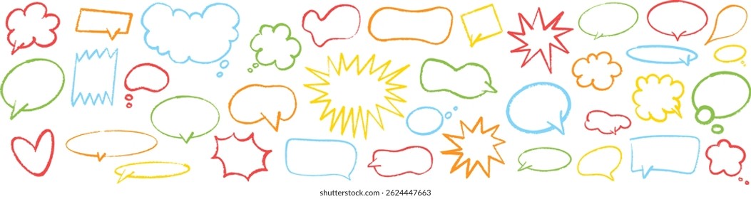 Set of colorful hand drawn speech bubbles and comic elements. Ideal for kids, comics, chat, fun design, or playful decoration on transparent background. Vector EPS 10