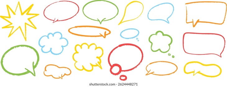 Set of colorful hand drawn speech bubbles and comic elements. Ideal for kids, comics, chat, fun design, or playful decoration on transparent background. Vector EPS 10