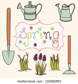 Set of colorful hand drawn spring flowers and tools. Vector illustration.