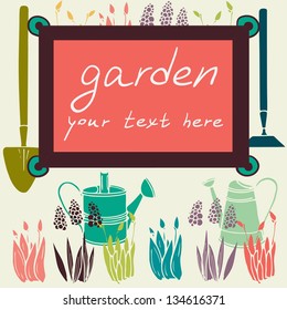 Set of colorful hand drawn spring flowers and tools. Vector illustration.