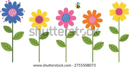Set of Colorful Hand Drawn Spring Flowers with a Cute Bee Isolated on White cad drawing flat vector illustration Background