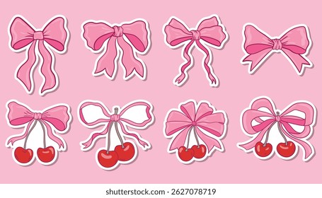 Set of colorful hand drawn stickers featuring coquette style bows and cherries. Feminine and playful design perfect for journals, planners, crafts, or cute aesthetic decorations.

