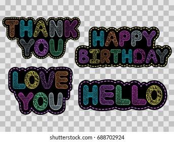 Set of colorful hand drawn stickers on transparent background. Stickers for scrapbooking,gift boxes,invitations,cardmaking,craft ,etc. Vector illustration.