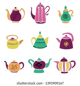 Set of colorful hand drawn teapots.