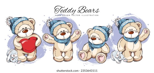 Set of colorful hand drawn teddy bears in blue hats and scarfs holding heart and rabbits sketch style, vector illustration isolated on white background. Design elements collection, cute stitched toys