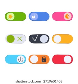 Conjunto de coloridos interruptores de palanca dibujados a mano que muestran íconos para Configuraciones como modo sol, modo luna, bloqueo, desbloqueo, verificación, cruz y potencia, ofreciendo selecciones de funcionalidad intuitivas