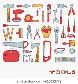 set of colorful hand drawn tool doodles, cute icons