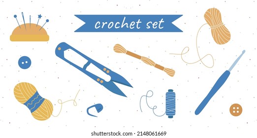 Set of colorful hand drawn tools for crocheting isolated on white background