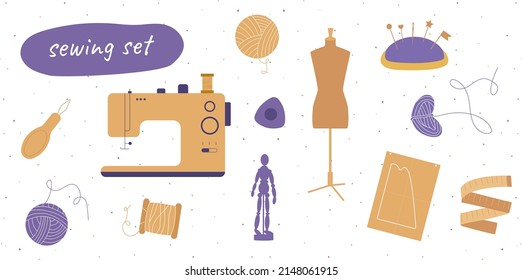 Set of colorful hand drawn tools for sewing isolated on white background