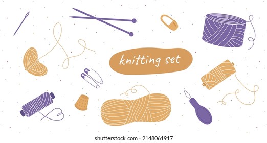 Set of colorful hand drawn tools for knitting isolated on white background