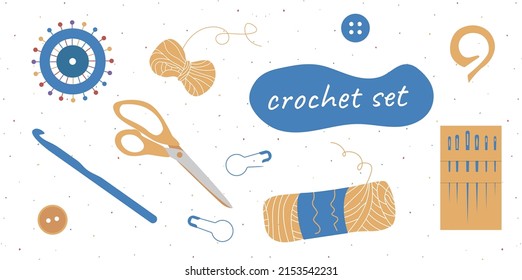 Set of colorful hand drawn tools for crocheting isolated on white background svg