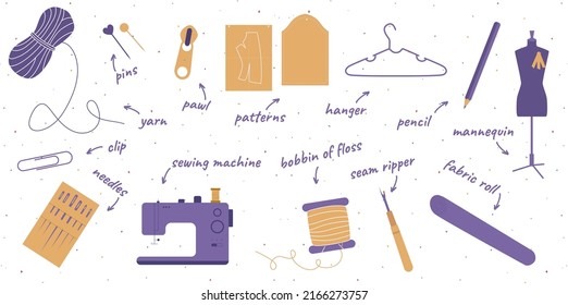 Set of colorful hand drawn tools for sewing, knitting, crocheting isolated on white background