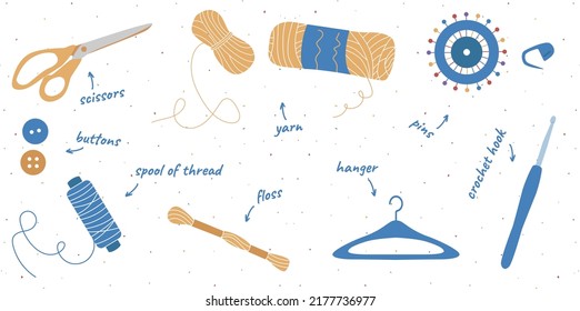 Set of colorful hand drawn tools for sewing, knitting, crocheting isolated on white background