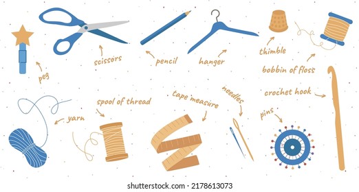 Set of colorful hand drawn tools for sewing, knitting, crocheting isolated on white background