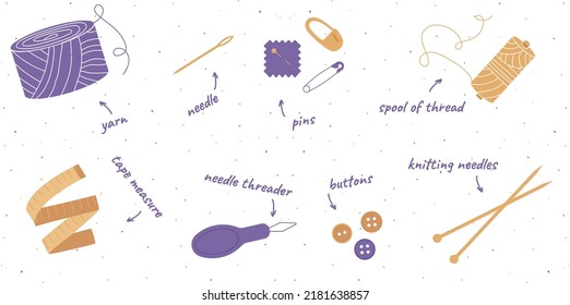 Set of colorful hand drawn tools for sewing, knitting, crocheting isolated on white background