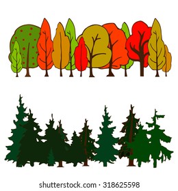Set of colorful hand drawn trees isolated on white background set in rows. Autumn motives. outlined, bright colored. Vector illustration.