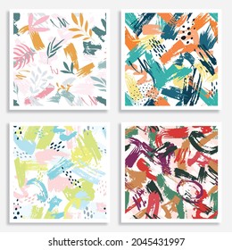 Set Colorful hand drawn trendy contemporary abstract shapes seamless pattern.Brush stroke pattern.Vector artwork.