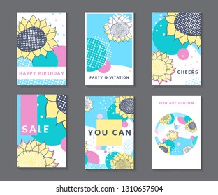 Set of colorful hand drawn universal cards and posters with sunflowers. Great texture design for birthday, wedding, date, sale, anniversary invitations, cards, posters, flyers, banners.