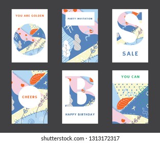 Set of colorful hand drawn universal cards and posters. Great texture design for birthday, wedding, date, sale, anniversary invitations, cards, posters, flyers, banners with a place for your text. 