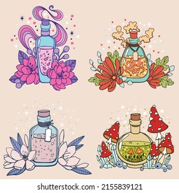 Set of colorful hand drawn vector potion bottles, decorated with flowers, leaves, berries, crystals, and mushrooms. Cute, flat, cartoon style illustration