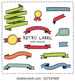 A set of colorful hand drawn vintage labels and ribbons