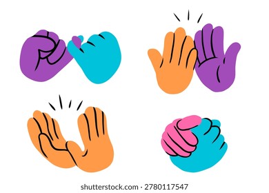 Set of Colorful Hand Gesture Icon Set with Pinky Promise High Five Clapping and Handshake Vector Illustration