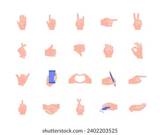 Set of colorful hand gestures icons. Bright signs with palms holding smartphone, writing and pointing with finger. Ok, thumbs up and peace. Cartoon flat vector collection isolated on white background