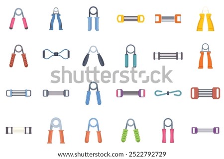 Set of colorful hand grippers and expanders for exercising forearm muscles, perfect for athletes and people recovering from injuries