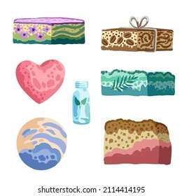 Set of colorful hand made soap design elements isolated on white background. 