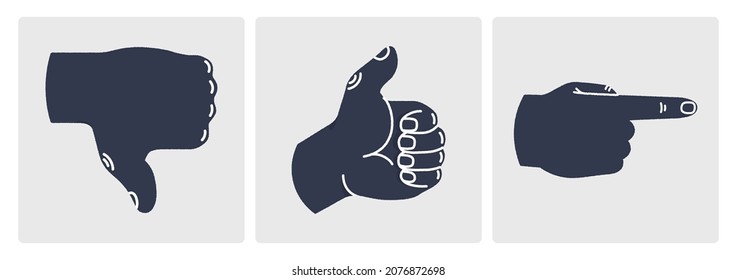 Set colorful hand with an object in it. Set of hands with simple gestures. Flat ripped illustration.