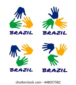 Set of colorful hand print icons using Brazil flag colors 2016. Vector illustration.