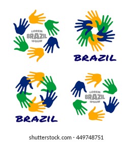 Set of colorful hand print icons using Brazil flag colors 2016. Vector illustration.